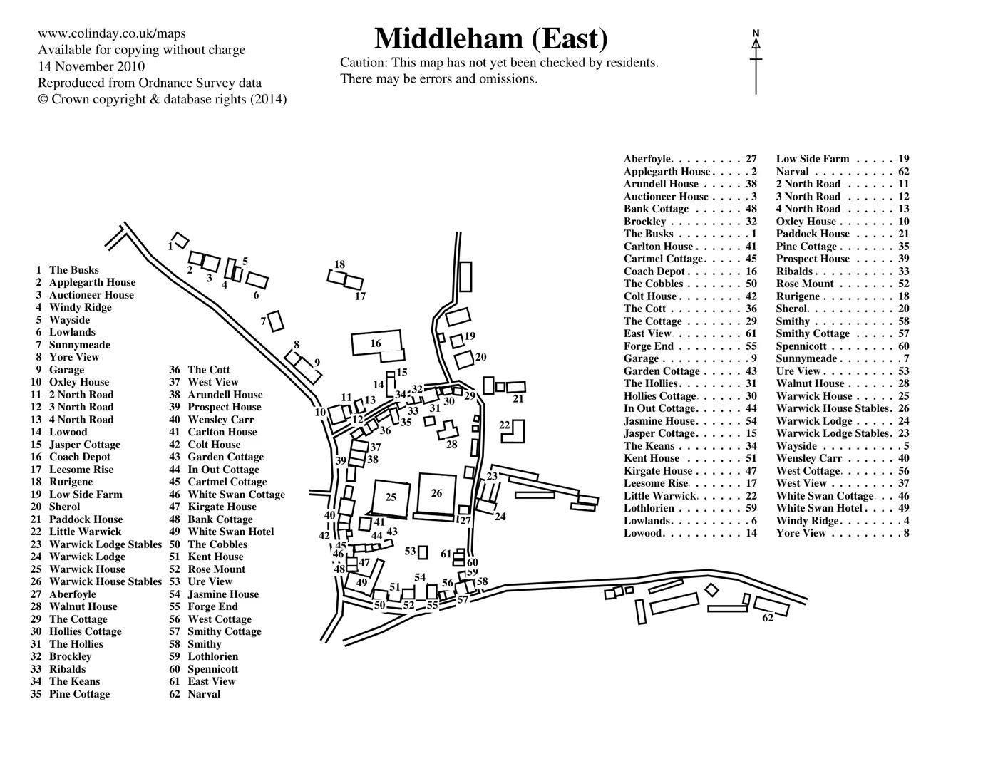 Colin Day's hand-drawn map of Middleham (East). A numbered key of house names runs down the left, beside the village plan.